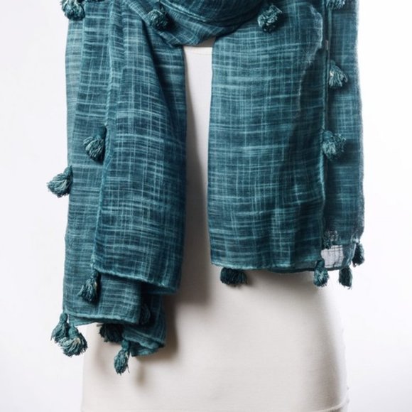 Pom Lightweight Tassel Scarf in Teal - Picture 3 of 4